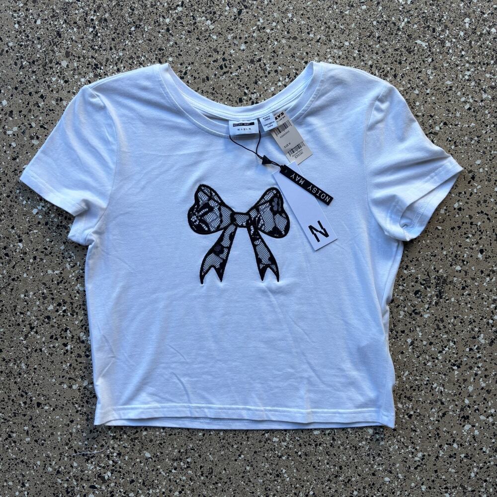Noisy May Nmtilly Lace Bow T-Shirt Women's M White Black Lace Cropped Top - NWT